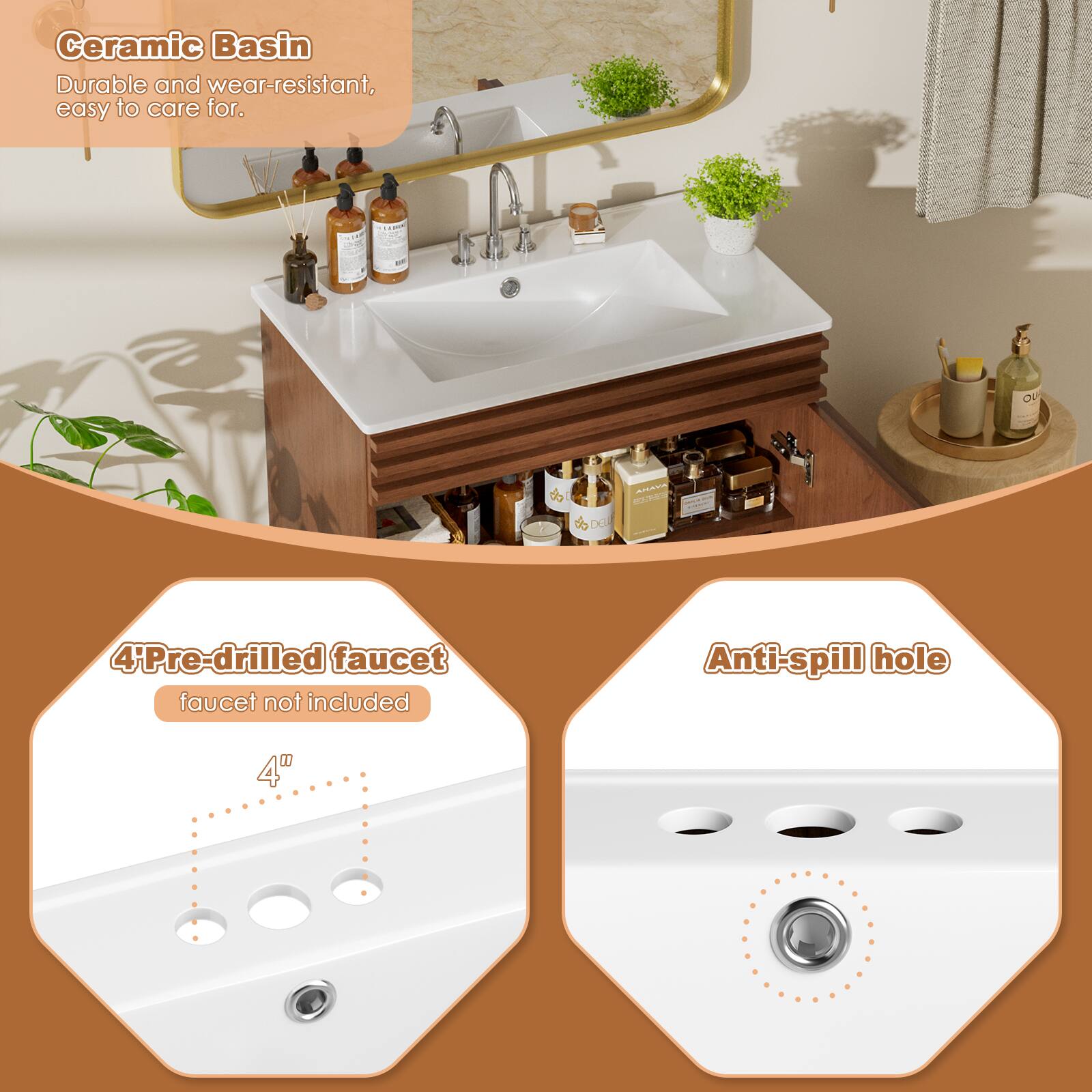 Ceramic Basin Durable and wear-resistant, easy to care for. 4Pre-drilled faucet faucet not included Anti-spill hole 4"