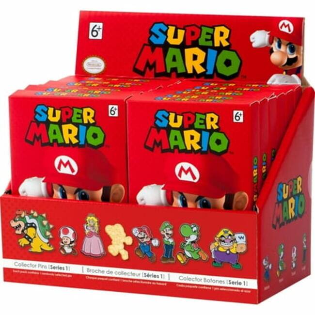 Sure, here is the corrected and grouped text from the image:

**Top Boxes:**
- SUPER MARIO
- 6+
- Collector Pins [Series 11]
- Broche de collecteur [Série 11]
- Colector Botones [Serie 11]

**Bottom Box:**
- SUPER MARIO
- 6+
- Collector Pins [Series 11]
- Broche de collecteur [Série 11]
- Colector Bolones [Serie 11] - RP (Rating Pending)