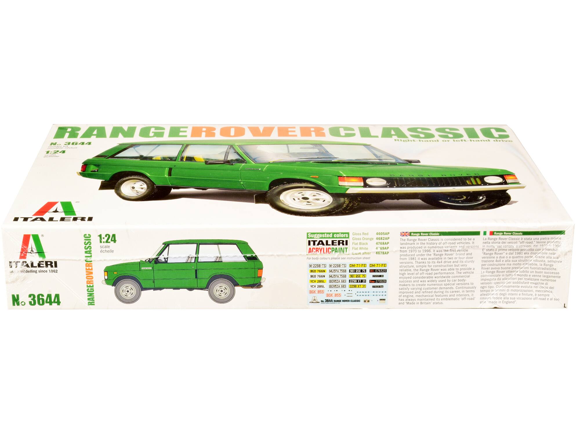 **RANGE ROVER CLASSIC**  
Right-hand or left-hand drive  

**ITALERI**  
modeling since 1962  

**No. 3644**  
1:24 scale  

**Suggested colors**  
Gloss Red 4605A  
Flat Orange 468AP  
Flat White 46947  

**ITALERI ACRYLIC PAINT**  
- **Gloss Red**  
  - **4605A**  
  - **4605A**  
  - **4605A**  
  - **4605A**  
  - **4605A**  
  - **4605A**  
  - **4605A**  
  - **4605A**  
  - **4605A**  
  - **4605A**  
  - **4605A**  
  - **4605A**  
  - **4605A**  
  - **4605A**  
  - **4605A**  
  - **4605