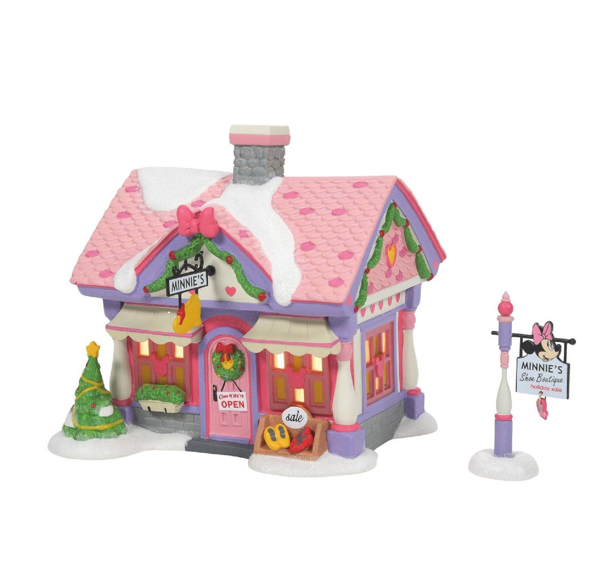 Set of 2 Department 56 Disney Christmas Lighted Minnie's Shoe Boutique #6010494 - Pink