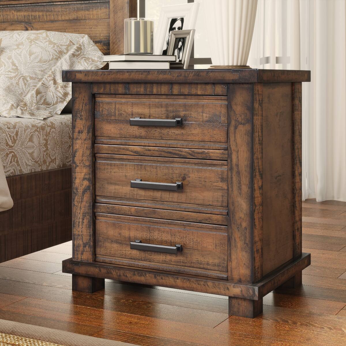 Left. Loheer - Loheer Three Drawer Nightstand Reclaimed Pine Wood Farmhouse Bedside Table - Natural.
