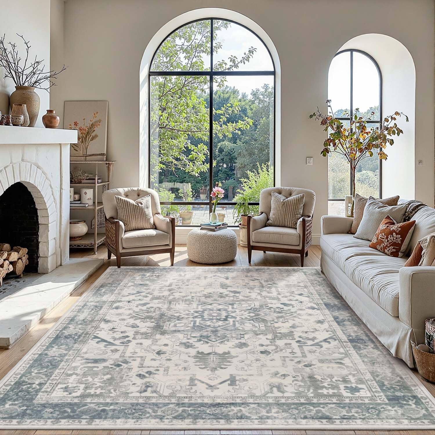 Back. PARKER SLATER - Area Rugs 5x7 Washable Living Room Vintage Boho Light Blue Rug Office Dining Farmhouse Durable Low Pile Non Slip High - Apricot.