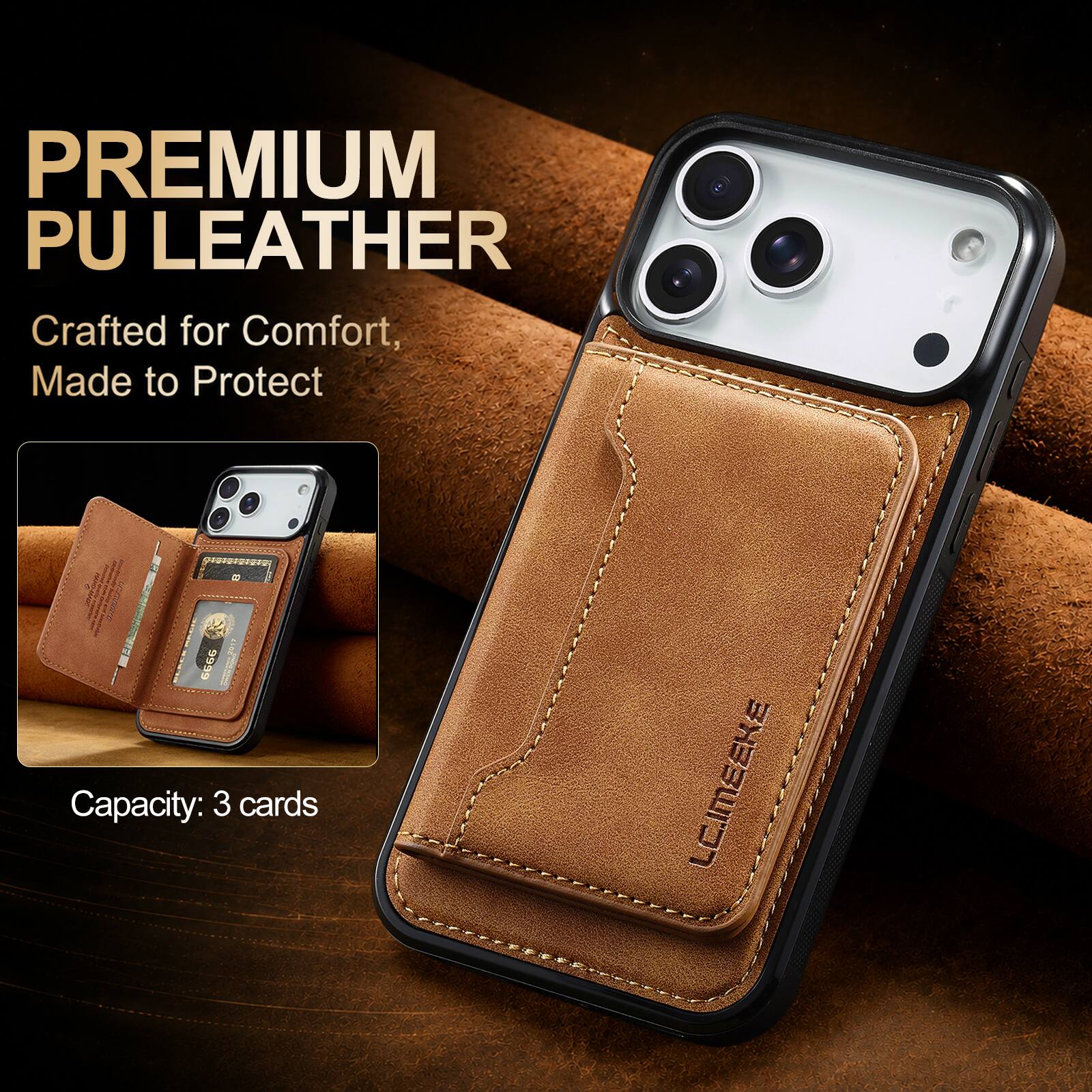 PREMIUM PU LEATHER  
Crafted for Comfort, Made to Protect  
Capacity: 3 cards  
LC.IMEEKE
