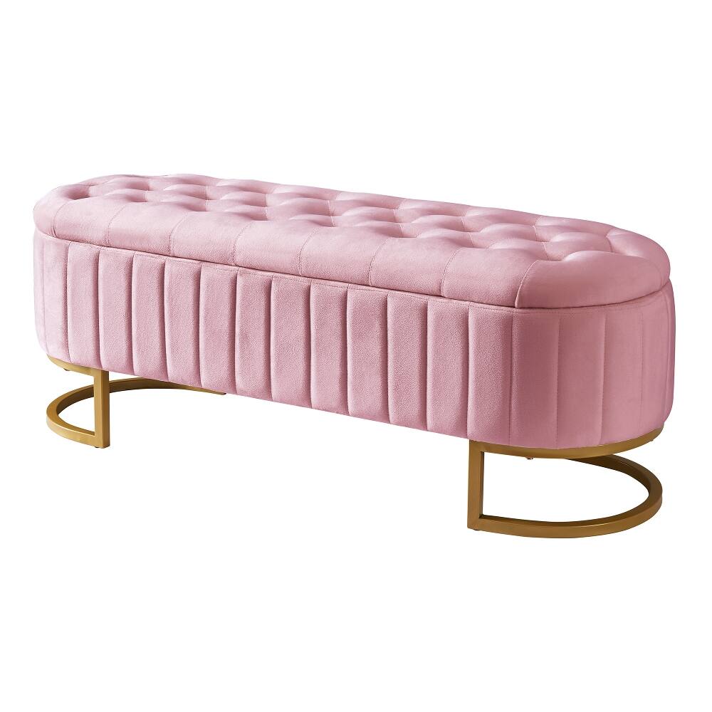 Alt View 2. Ropilly - Ropilly Pink Velvet Storage Ottoman Bench, Button Tufted End of Bed Bench with Metal Legs for Bedroom and Living Room - Pink.