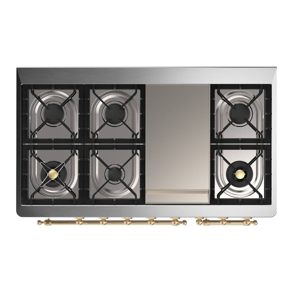 Alt View 5. ILVE - ILVE Majestic III Series 48 in. Dual Fuel Range with 5 Sealed Burners + Griddle (Liquid Propane, Brass Trim) - White.