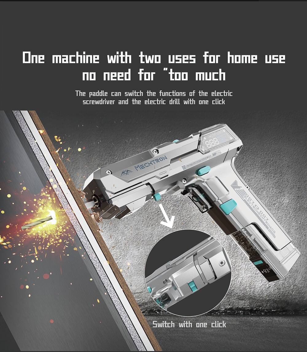 One machine with two uses for home use no need for "too much

The paddle can switch the functions of the electric screwdriver and the electric drill with one click

MECHTRON
888
SCHTRONICS
+93%

Switch with one click
