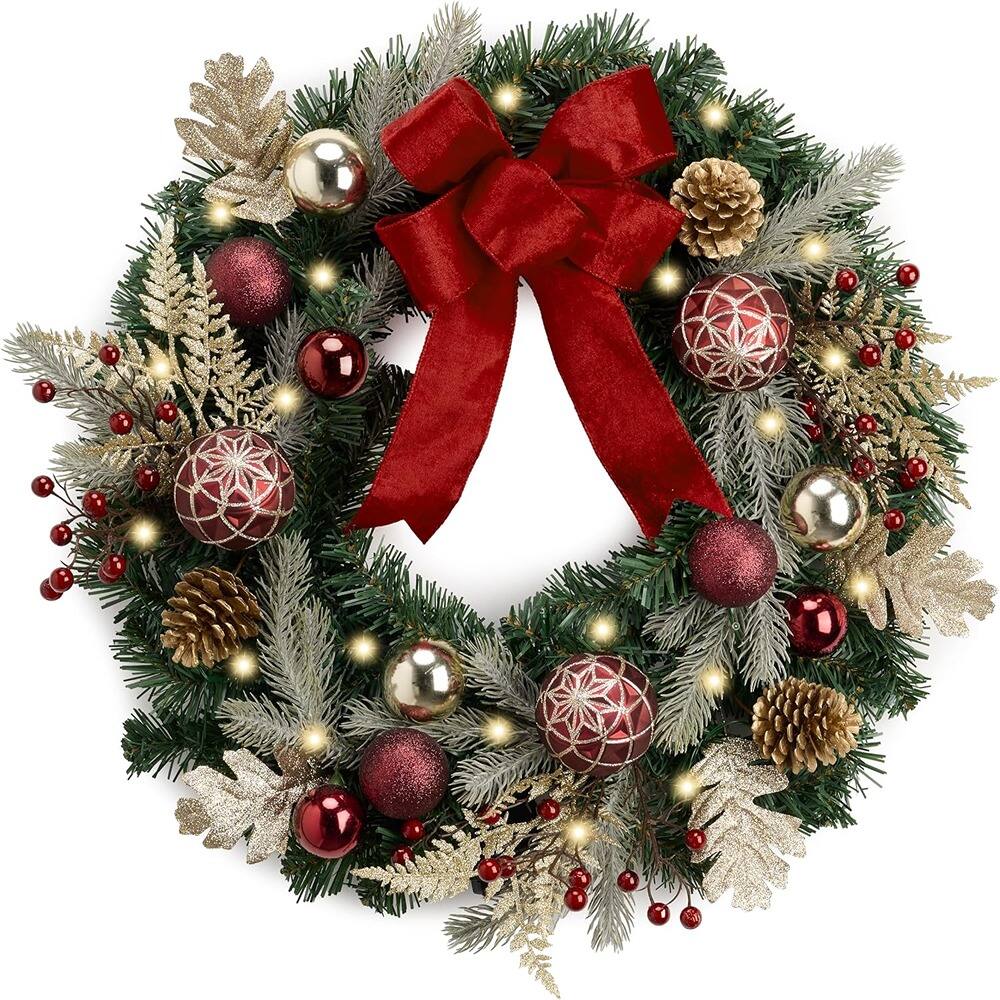 Front. RTMB - 24" Pre-Lit Christmas Wreath, Red & Gold, Outdoor Holiday Decor - colo: Red/Gold Size: 24 Inch.