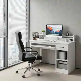 WELLFOR - 41.5" Modern Computer Desk with Drawer and Keyboard Tray, PC Laptop Table Study Writing Workstation for Home Office - White
