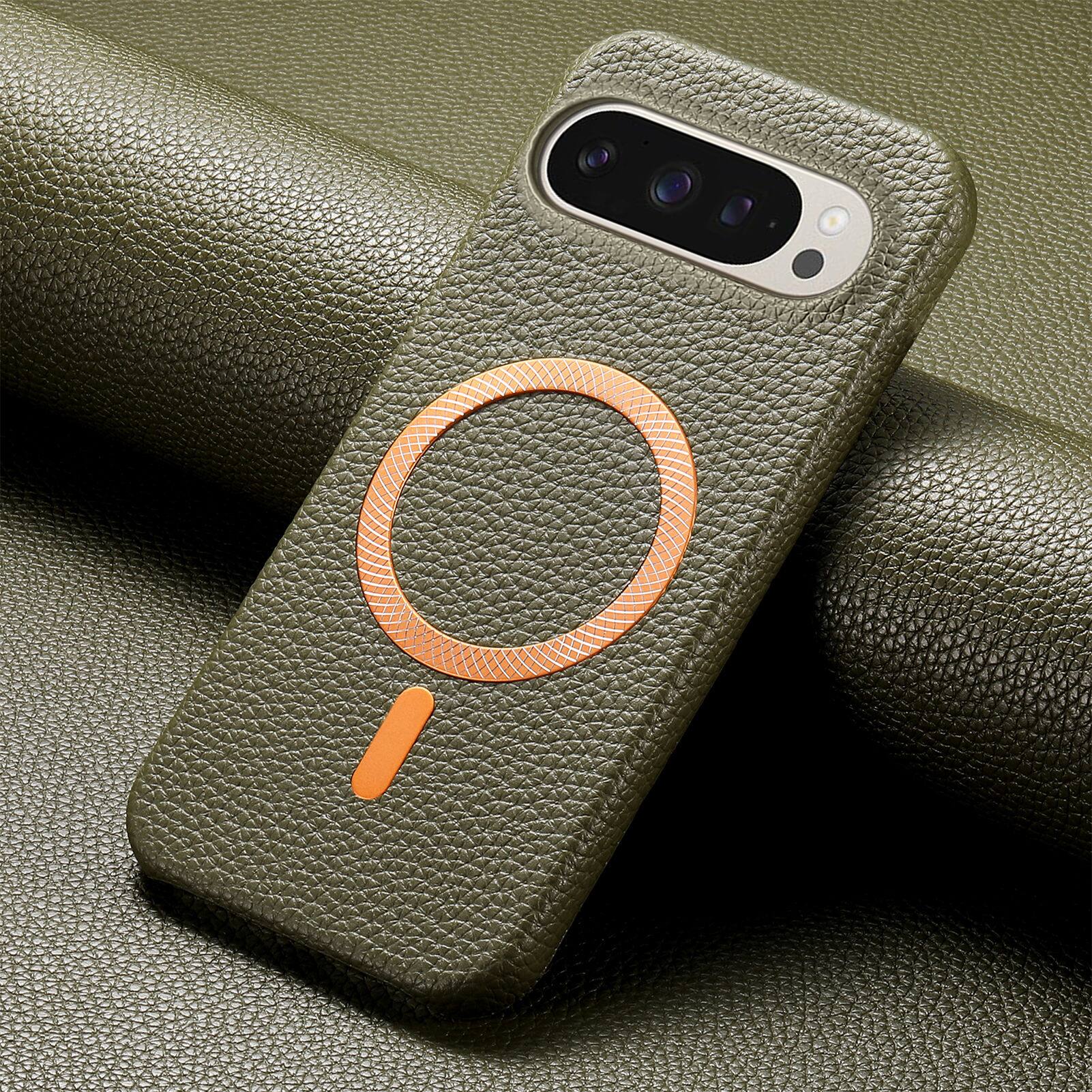 Alt View 4. Dteck - Lychee Texture Case for Google Pixel 10 Pro, Premium PU Leather Magnetic Shockproof Hard PC Cover with Raised Edges - Midnightgreen.