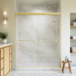 WELLFOR - 56-60 in. W x 72 in. H Framed Sliding Shower Door with 1/4 in. Clear Tempered Safety Glass,Reversible - Brushed Gold