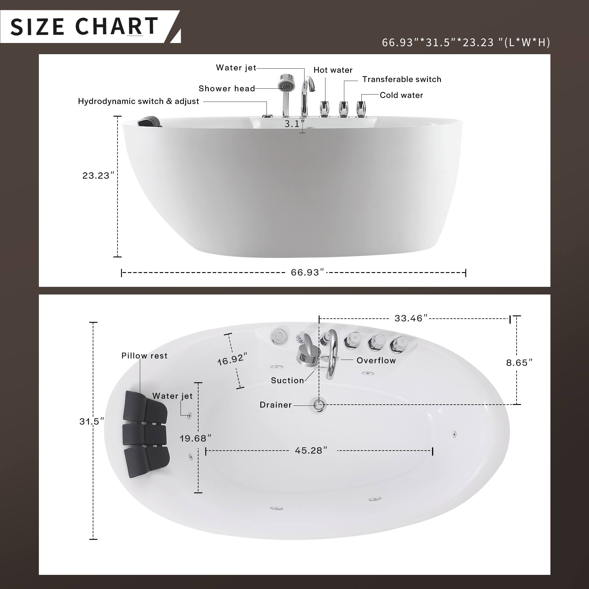 **SIZE CHART**

- **66.93" * 31.5" * 23.23" (L*W*H)**

- **Water jet Shower head**
- **Hydrodynamic switch & adjust**
- **Hot water Transferable switch Cold water**
- **3.1"**
- **23.23"**
- **66.93"**
- **33.46"**
- **Pillow rest 16.92"**
- **Suction Overflow 8.65"**
- **Water jet Drainer 31.5"**
- **19.68"**
- **45.28"**