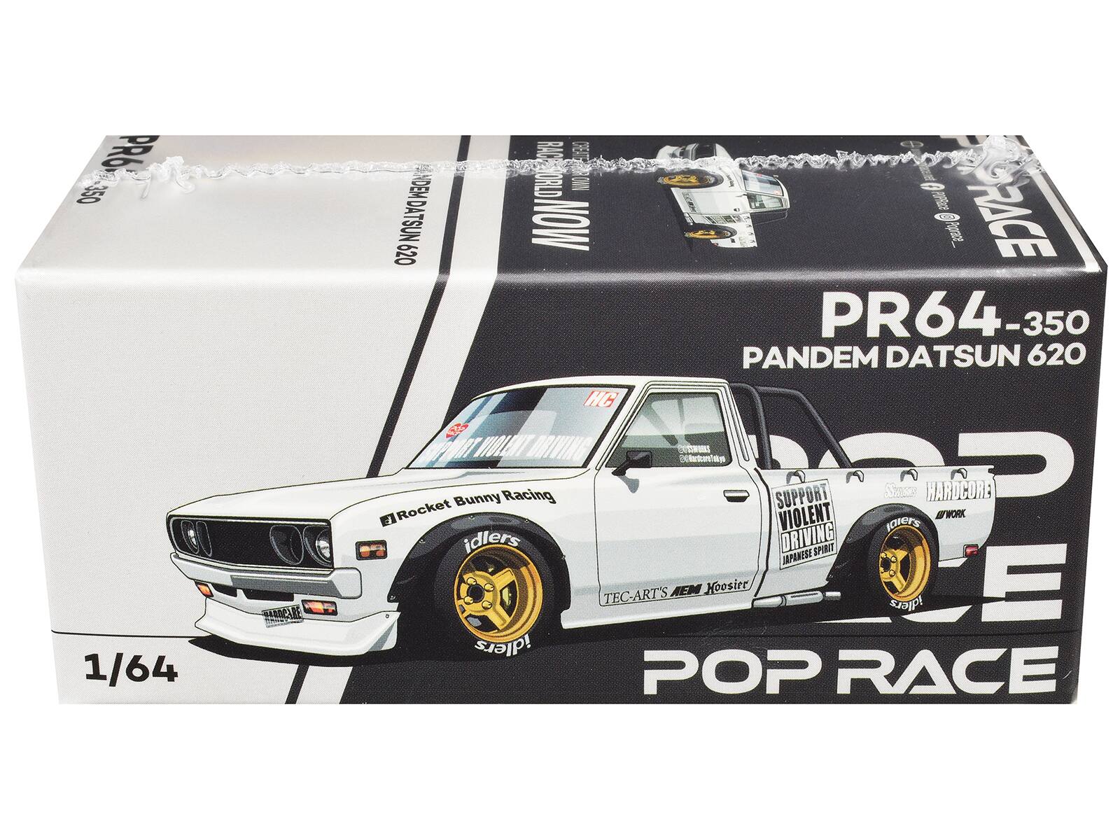 PR64-350 PANDEM DATSUN 620  
1/64 CAN RC CREAT NDEM WORLD NOW  
DATSUN 620 HC STa M VIOLENT DRIVING CWUNL ctaiidys Racing SUPPORT Sasce HARDCORE Bunny d Rocket VIOLENT BWORK larers P idlers DRIVING SPIRIT SAPANESE TEC-ART'S REM Hoosier idlers POP RACE