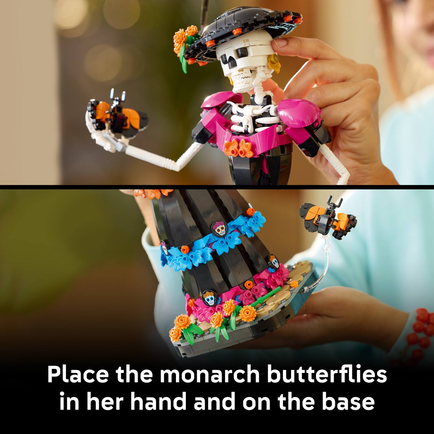 Place the monarch butterflies in her hand and on the base