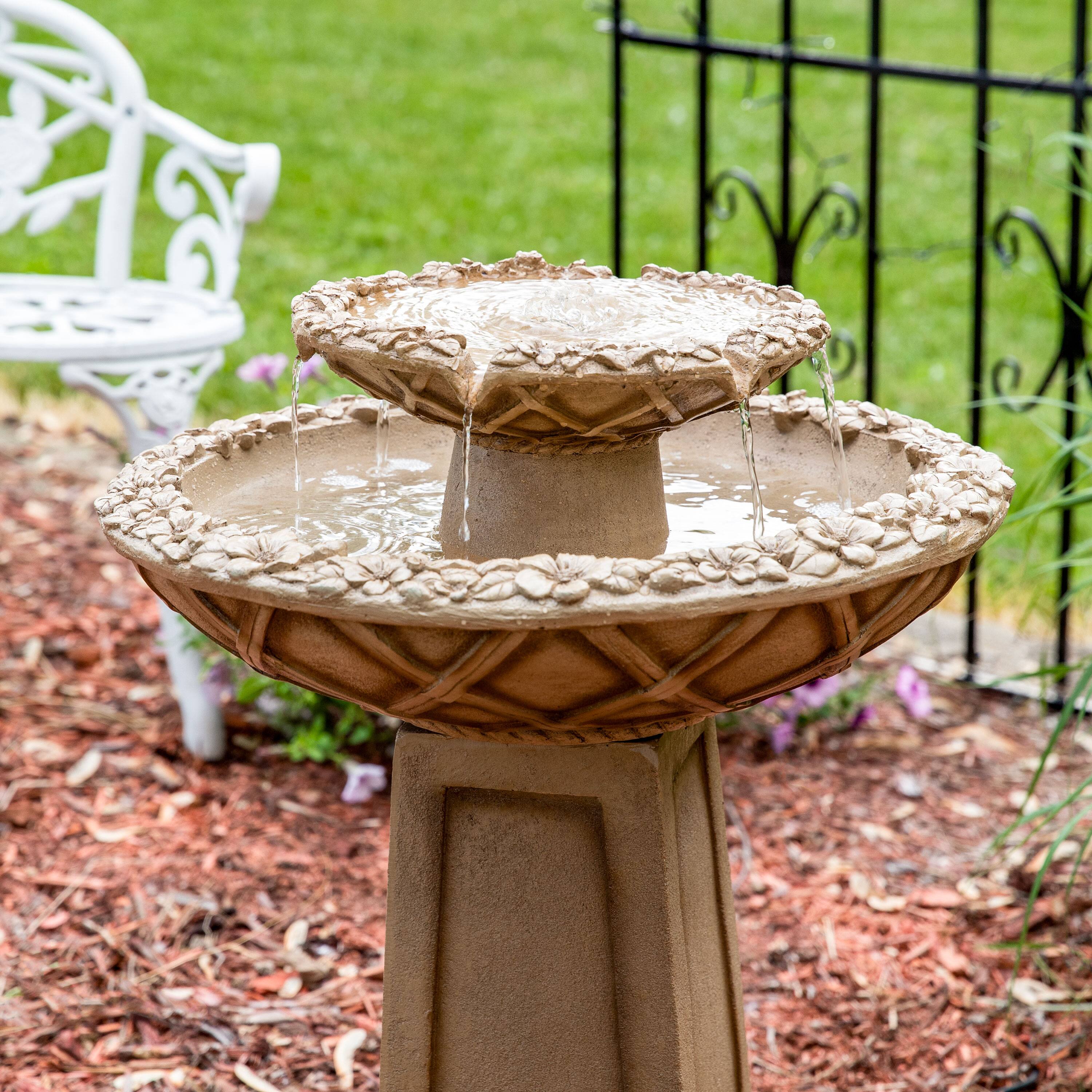 Alt View 7. Sunnydaze - Beveled Flower Polyresin Outdoor 2-Tier Bird Bath Fountain - Light Brown.