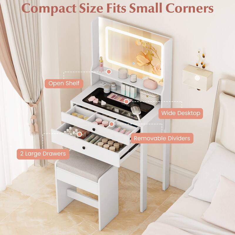 Compact Size Fits Small Corners

- Open Shelf
- Wide Desktop
- Removable Dividers
- 2 Large Drawers