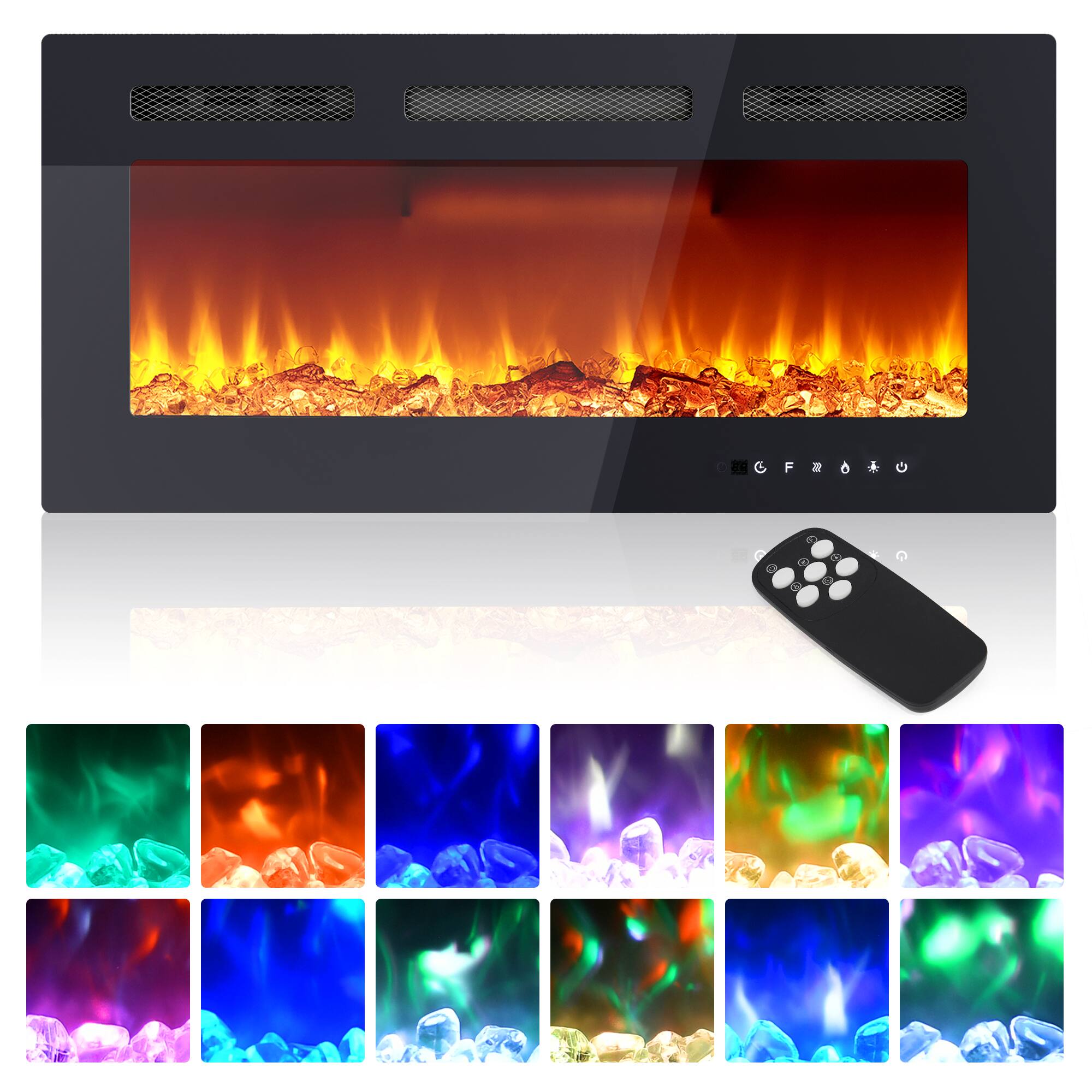 Angle. GARVEE - 36" Ultra-Thin Electric Fireplace, Recessed/Wall Mounted, 1500W Heater, Multicolor Flame, Remote & Touch Screen - Black.