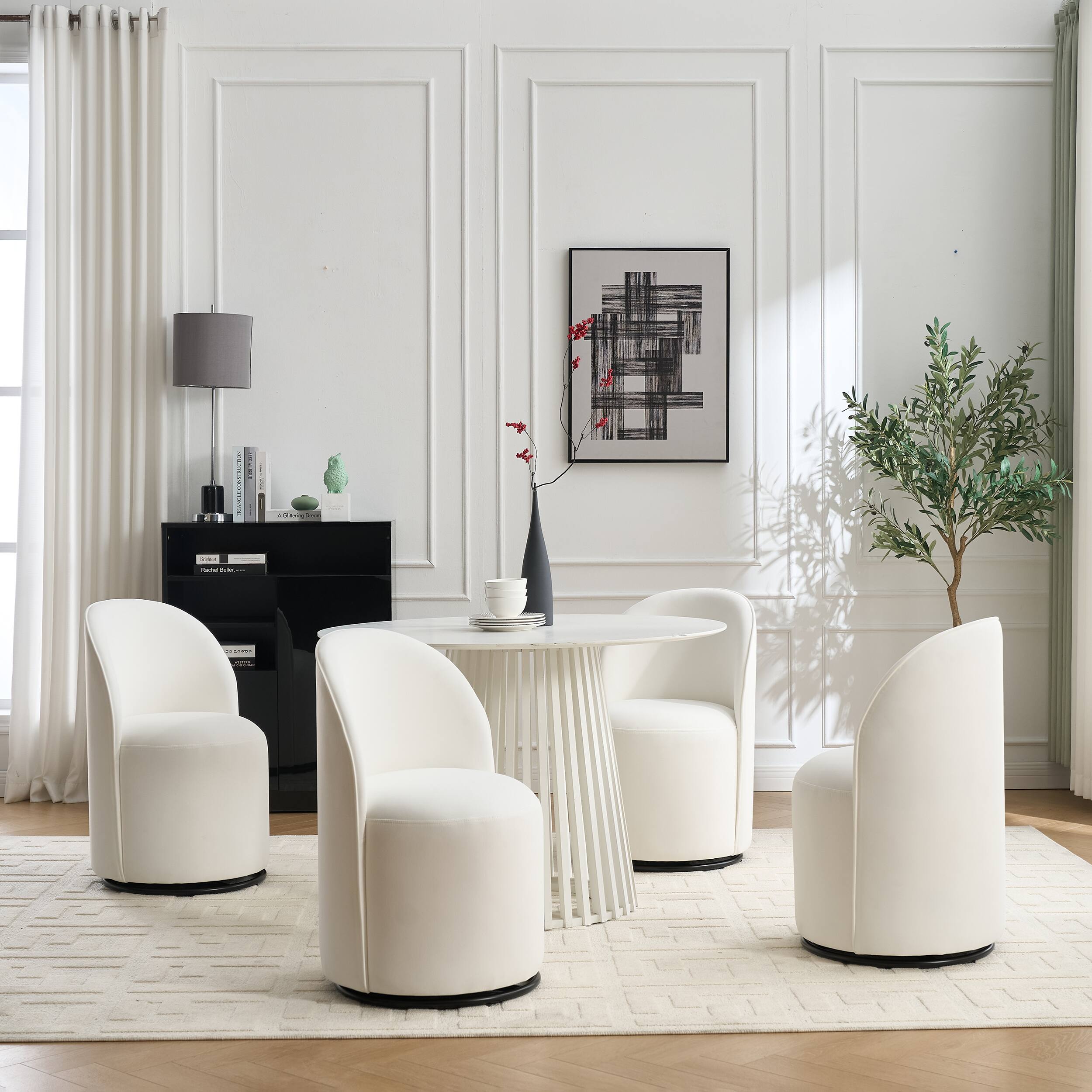 Alt View 7. Tiramisubest - Set of 1 Upholstered Barrel Chair,Mid Century Modern Round Velvet Dining Chair,360°Swivel Comfy Armless Accent Chair - Cream.