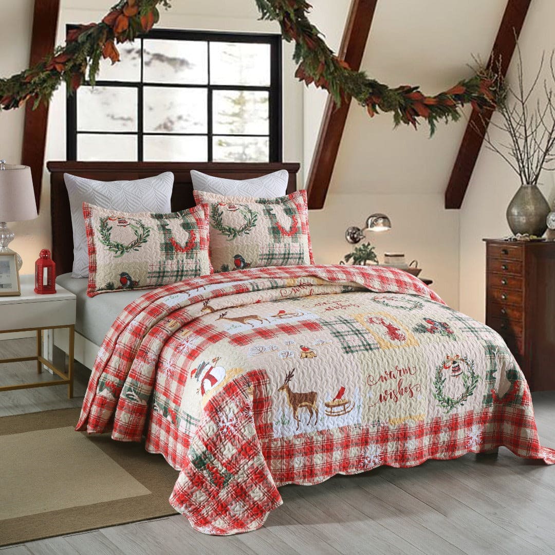 MarCielo - 3-Piece Christmas Queen Size Quilt Set Holiday Bedding Set B021 - Red