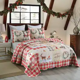 MarCielo - 3-Piece Christmas Queen Size Quilt Set Holiday Bedding Set B021 - Red