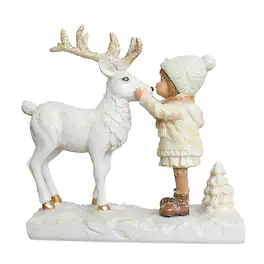OrnamentallyYou - Charming Deer and Little Girl Figurine, 7.5" Vintage Christmas Garden Statue - White