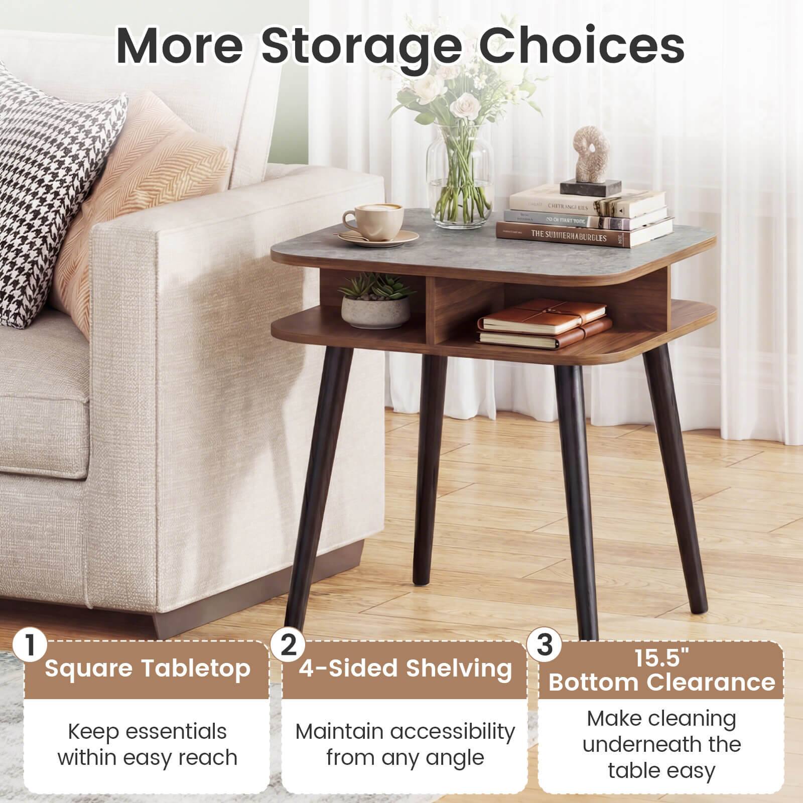 More Storage Choices

1. Square Tabletop
   - Keep essentials within easy reach

2. 4-Sided Shelving
   - Maintain accessibility from any angle

3. 15.5" Bottom Clearance
   - Make cleaning underneath the table easy