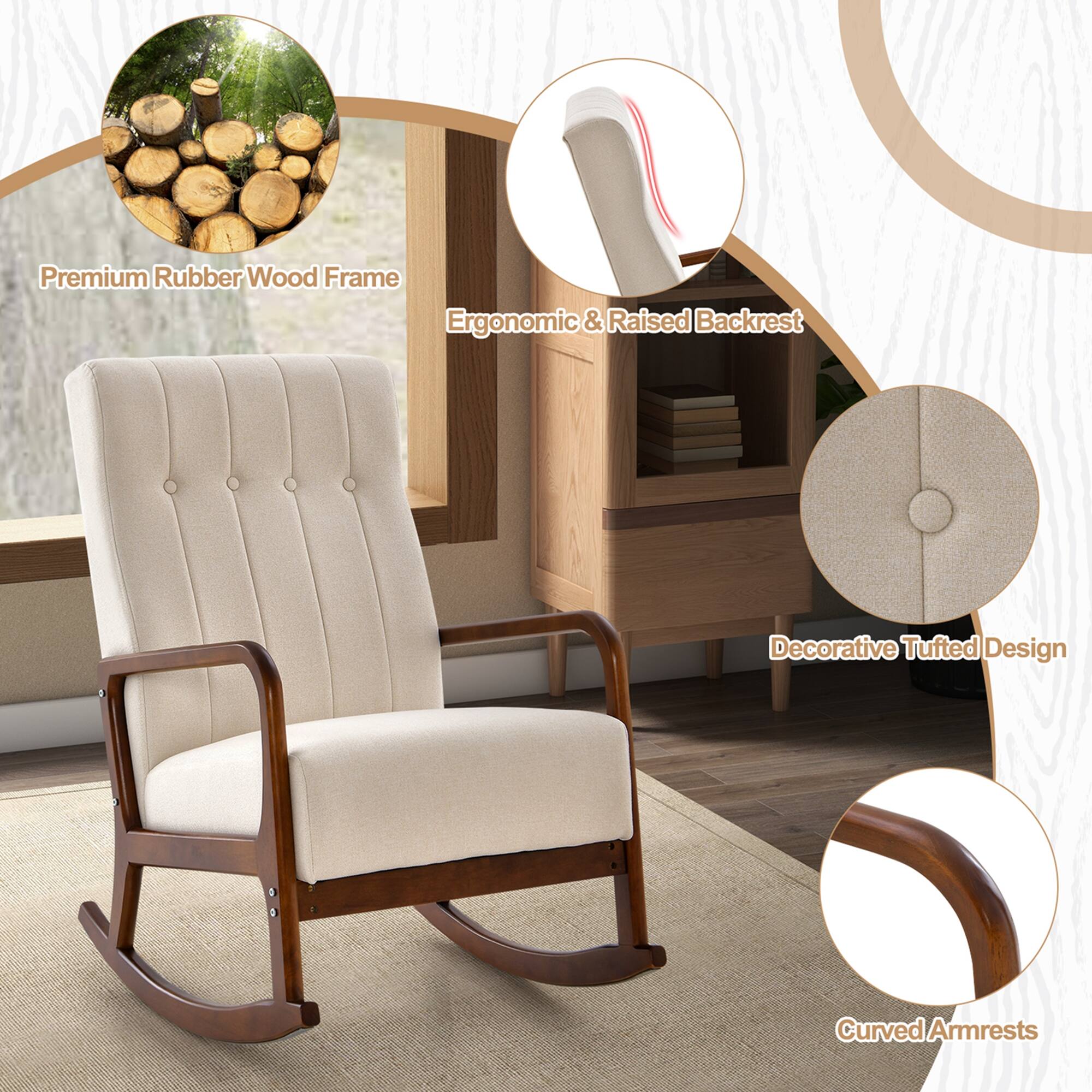 Premium Rubber Wood Frame  
Ergonomic & Raised Backrest  
Decorative Tufted Design  
Curved Armrests