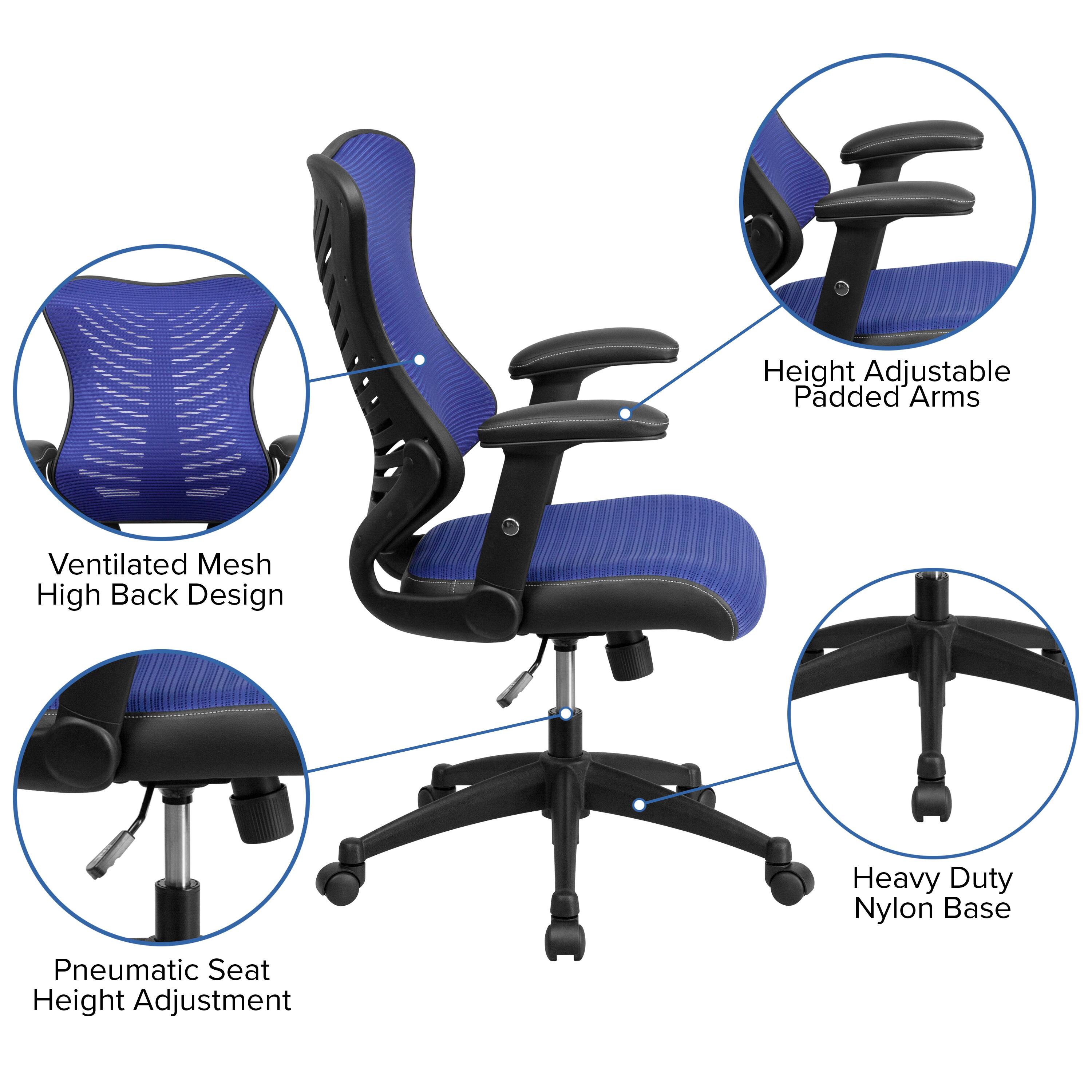 Height Adjustable Padded Arms  
Ventilated Mesh High Back Design  
Heavy Duty Nylon Base  
Pneumatic Seat Height Adjustment