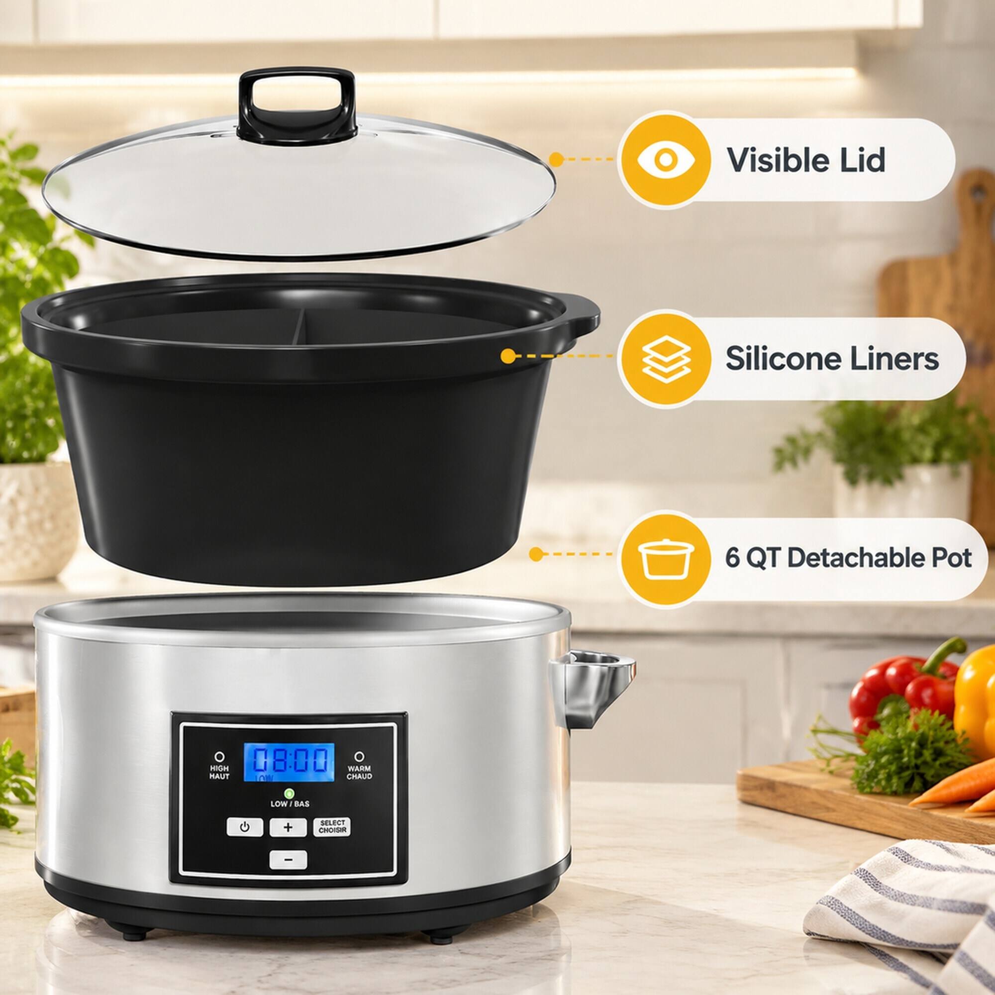 - Visible Lid
- Silicone Liners
- 6 QT Detachable Pot
- 08:00 HIGH WARM MAUT COM CHAUD
- LOW BAS
- SELECT CHORR
