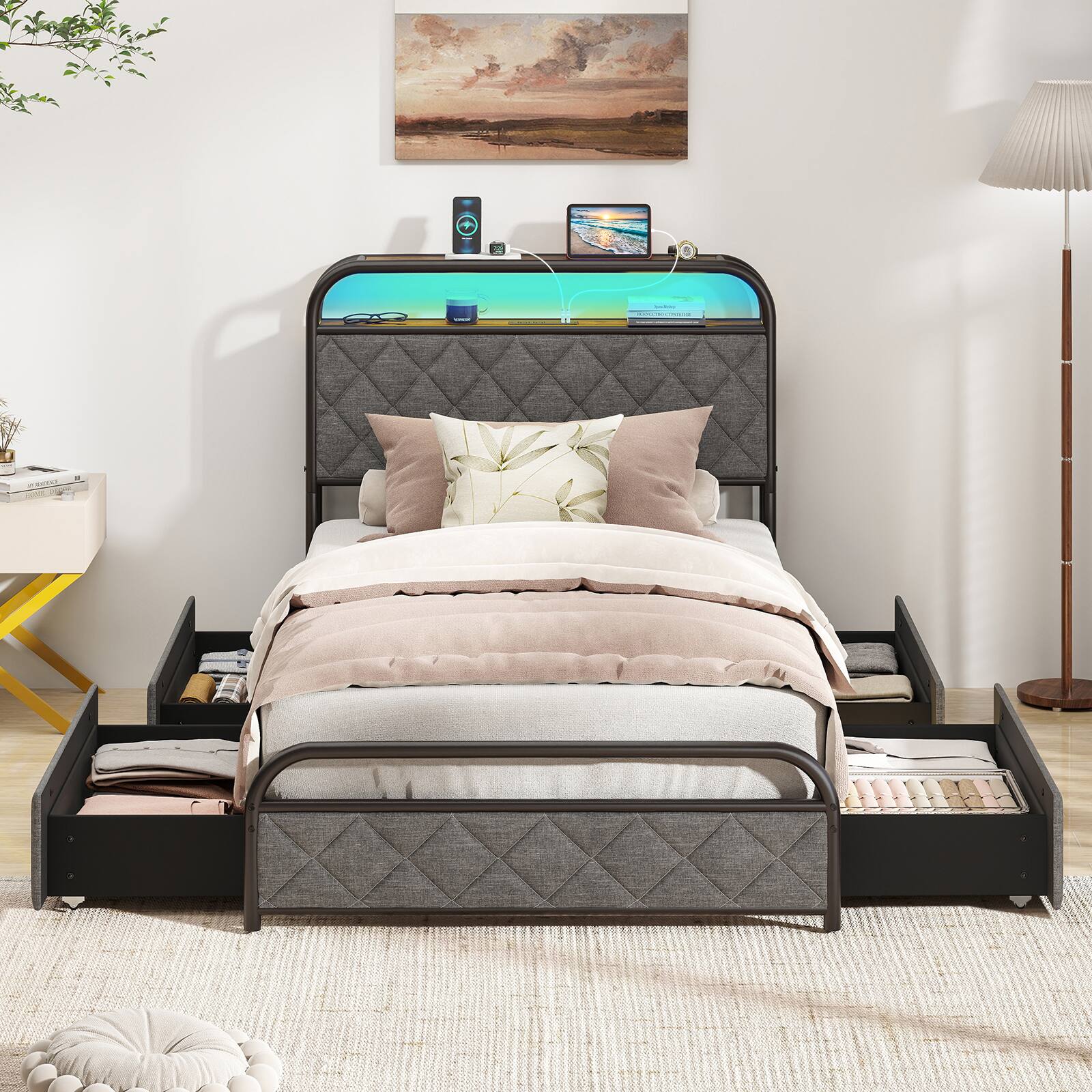 Alt View 9. LUCKY ONE - Twin Assembled Platform Bed Frame with LED Lights Charging Station Storage Headboard - Black-Twin.