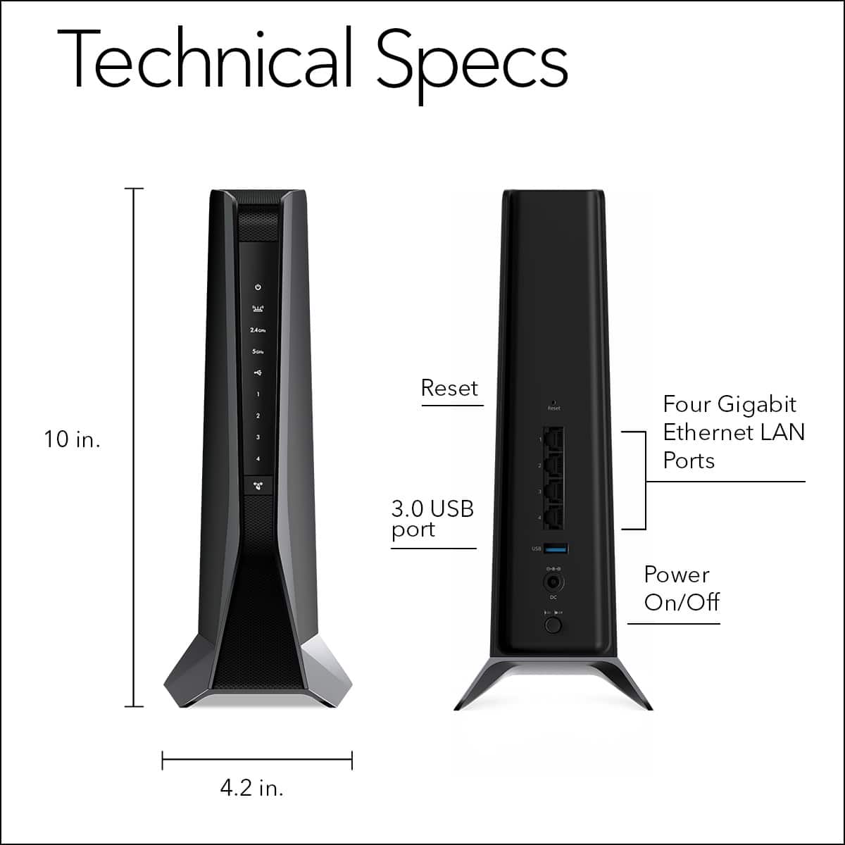Technical Specs:
- 10 in.
- 1 USB port
- 4 Gigabit Ethernet LAN ports
- 3.0 USB port
- Power On/Off