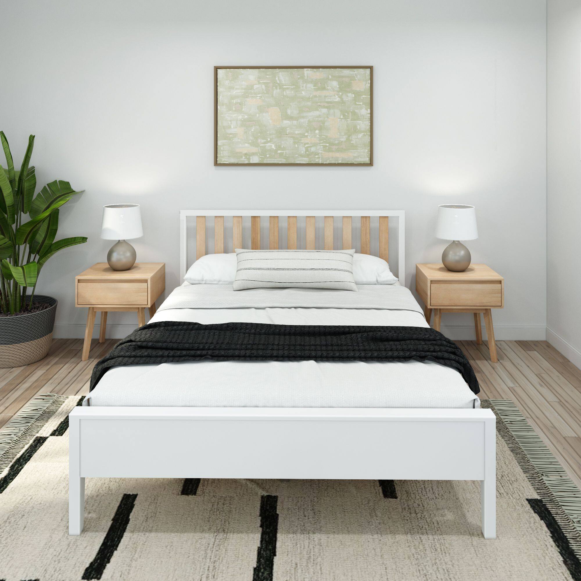 Alt View 1. Plank+Beam - Scandinavian Queen-Size Bed with Slatted Headboard, White/Blonde - White/Blonde.