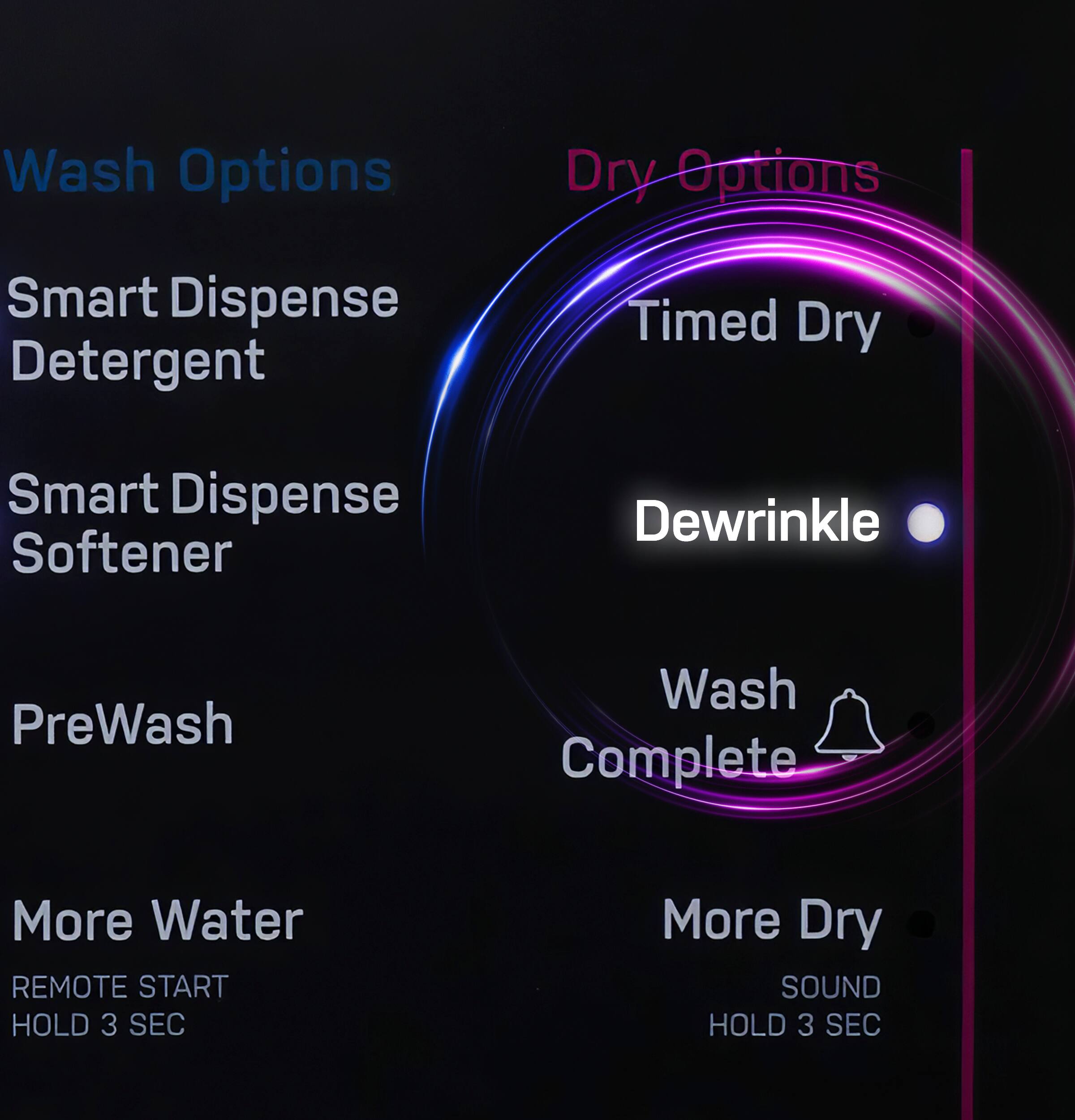 Wash Options:
- Smart Dispense Detergent
- Smart Dispense Softener
- PreWash
- More Water
  - REMOTE START
  - HOLD 3 SEC

Dry Options:
- Timed Dry
- Dewrinkle
- Wash Complete
- More Dry
  - SOUND
  - HOLD 3 SEC
