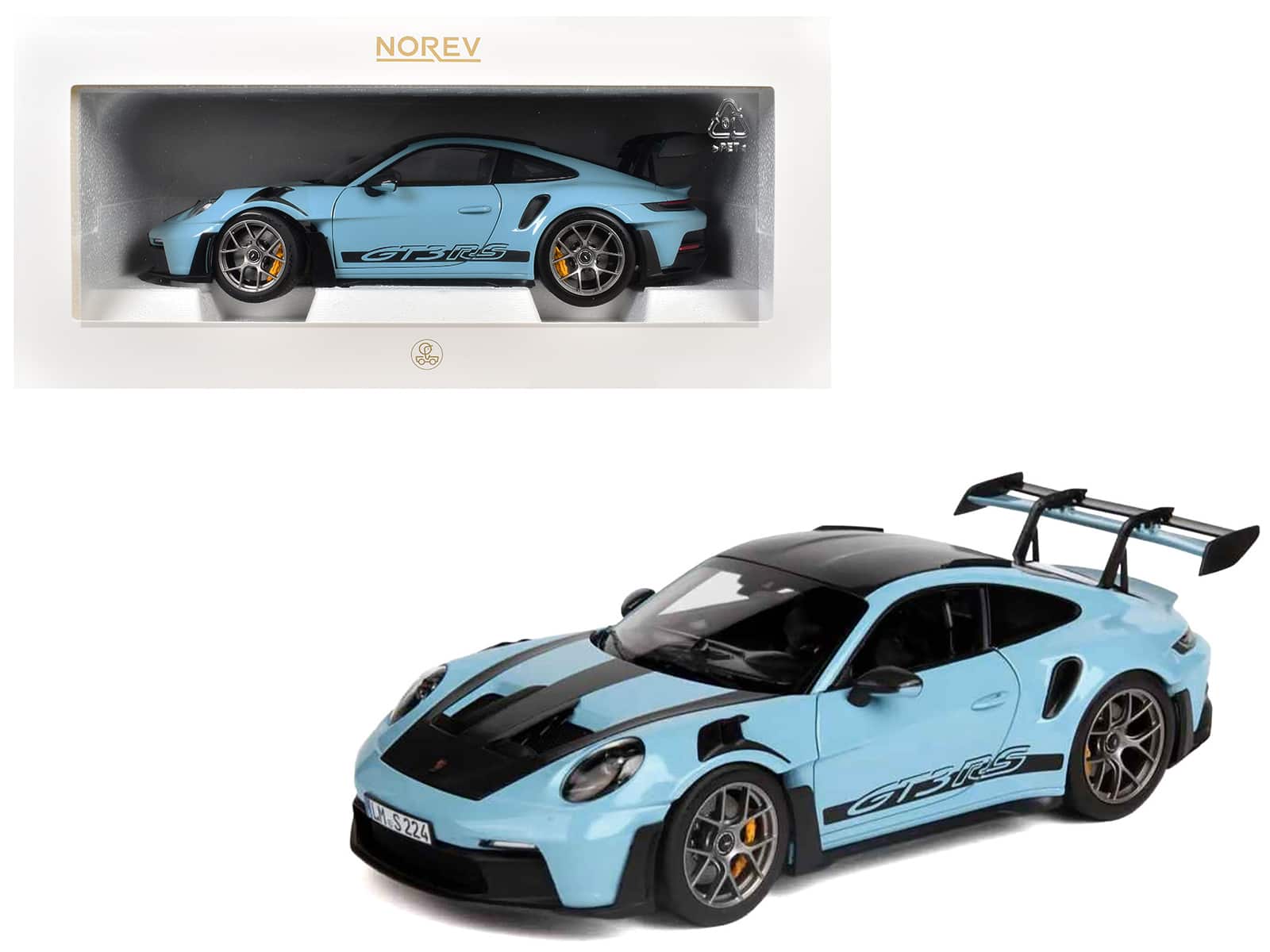 2022 Porsche 911 GT3 RS Weissach Pack Gulf with Carbon Top and Hood Stripes 1/18 Diecast Model Car by Norev - Blue