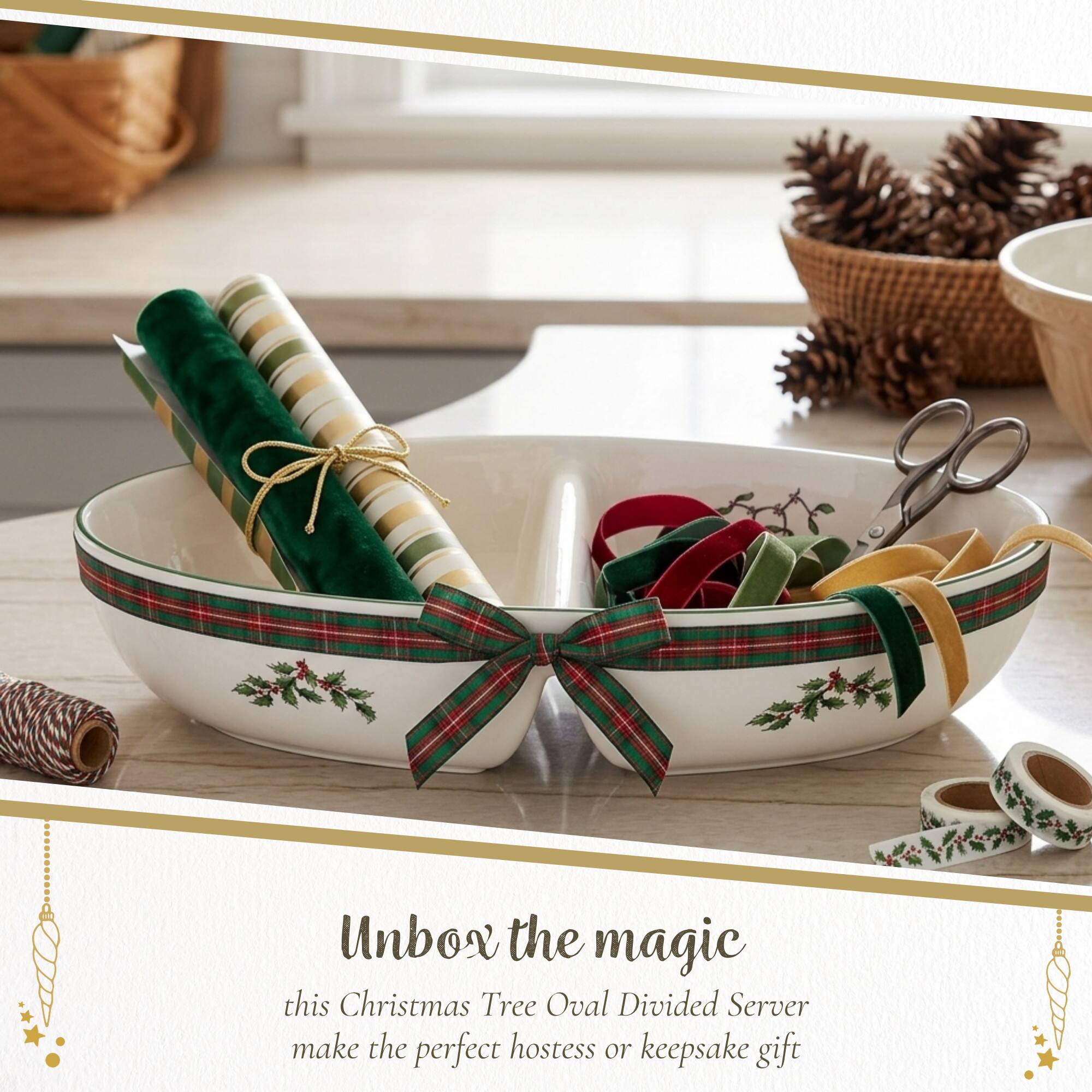 Unbox the magic  
this Christmas Tree Oval Divided Server  
make the perfect hostess or keepsake gift