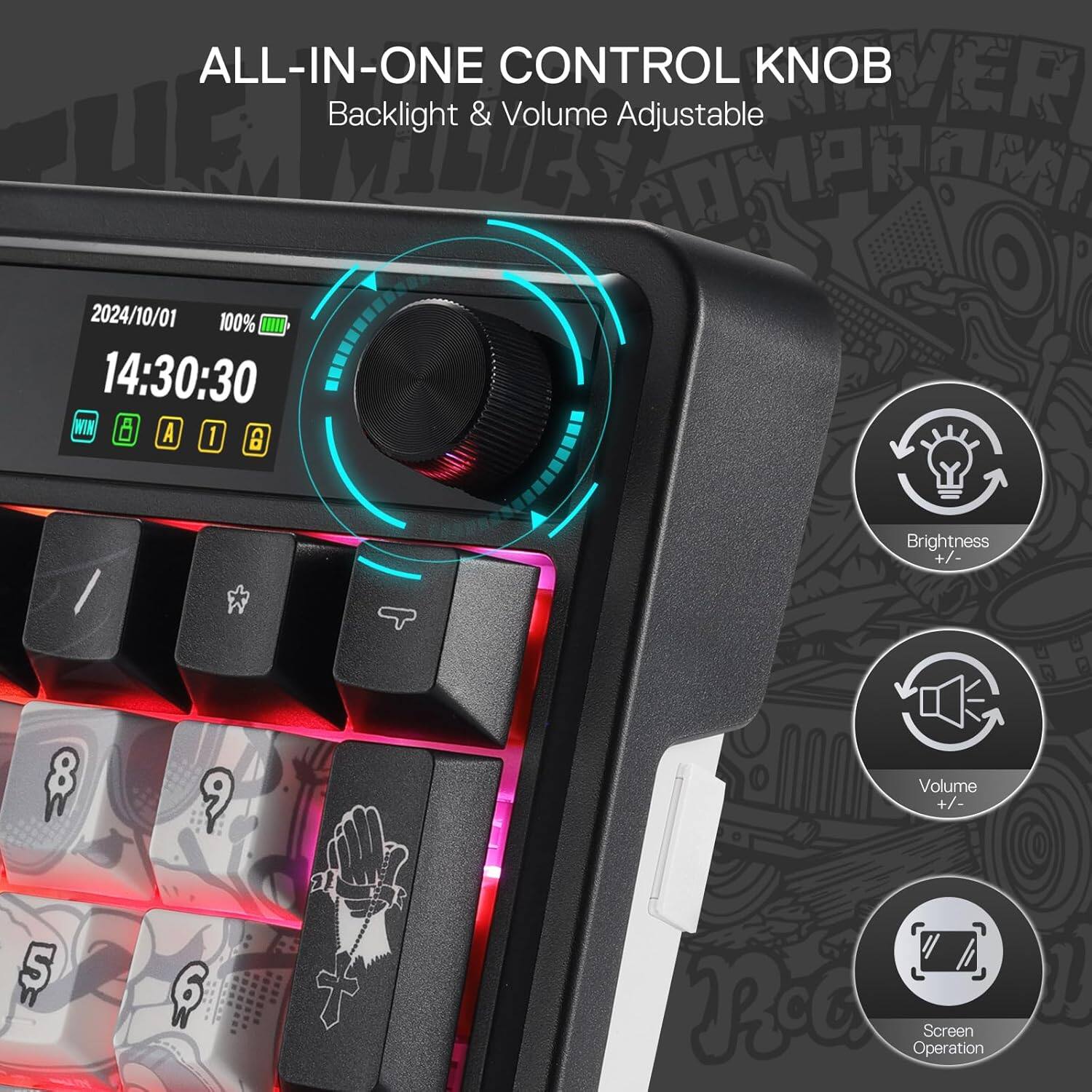ALL-IN-ONE CONTROL KNOB  
Backlight & Volume Adjustable  

2024/10/01  
100%  
14:30:30  

Brightness +/-  
Volume +/-  
Screen Operation