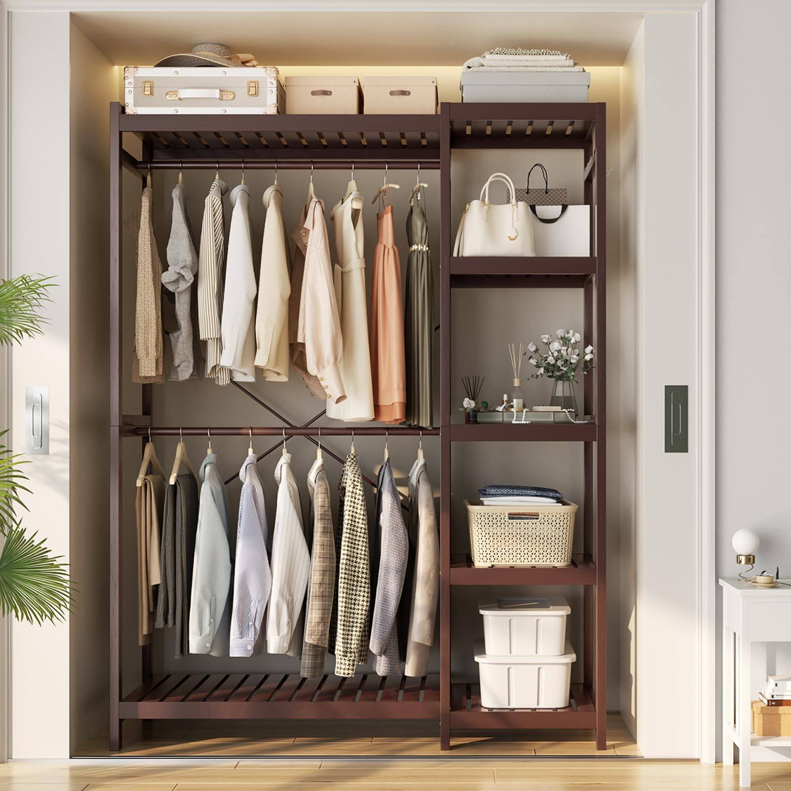 Left. Aheaplus - 2-Piece Bamboo Closet System, Freestanding Garment Rack with Adjustable Shelves & Hooks - Brown.