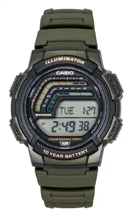 ILLUMINATOR
CASIO
ADJUST MODE
RESET 3 4 30 40 50 SET(-) LIGHT 20 2 10 1 TUE 127 WR100M (+) SELECT P 2:49 38 START/SET COUNTDOWN TIMER SEARCH WR 10 BATTERY YEAR