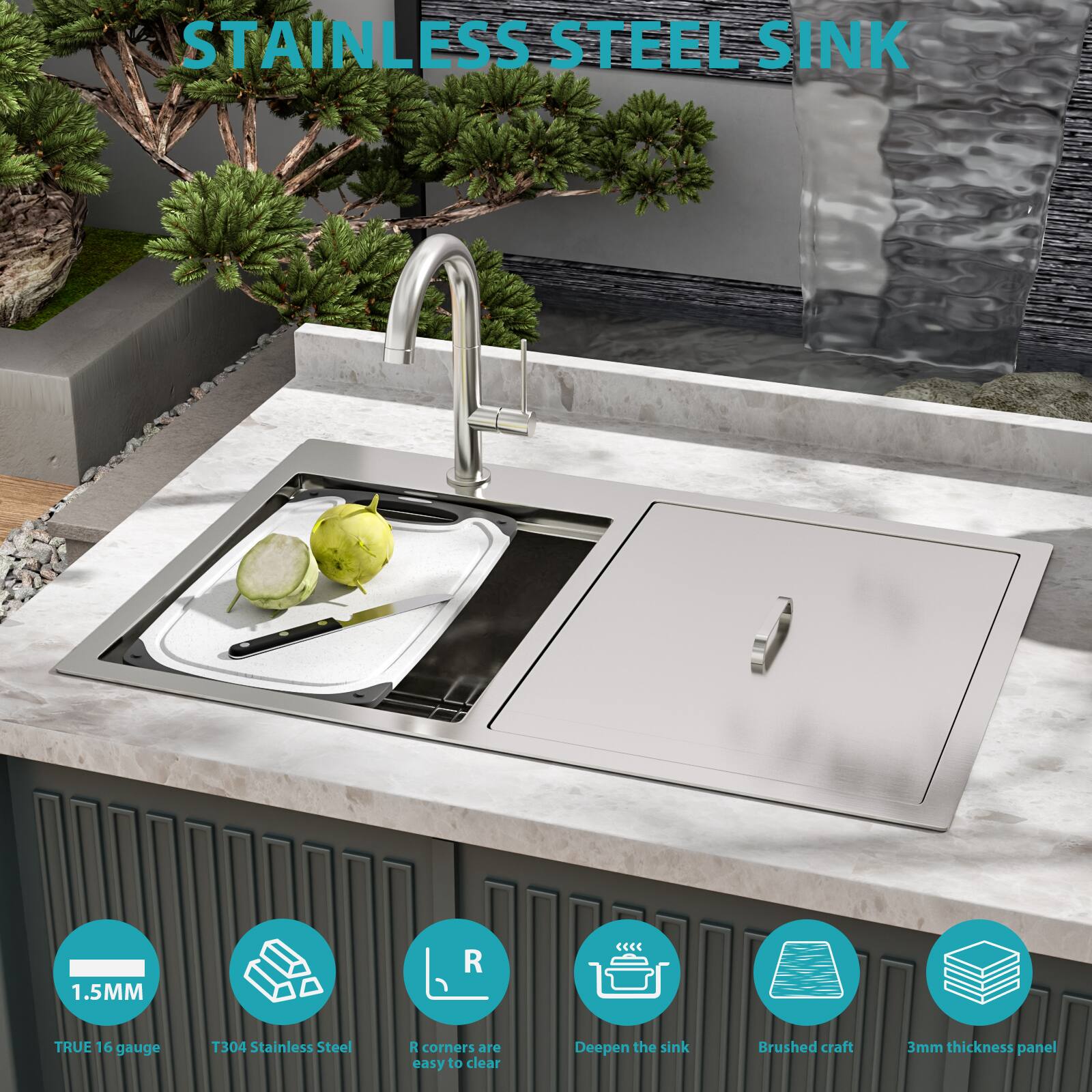STAINLESS STEEL SINK

- 1.5MM
- TRUE 16 gauge
- T304 Stainless Steel
- R corners are easy to clear
- Deepen the sink
- Brushed craft
- 3mm thickness panel
