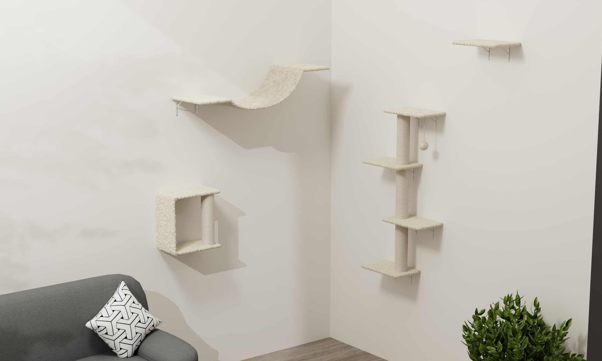 Siljoy - 4-Piece Wall-Mounted Cat Shelves Set with Bridge, Steps, Sisal Tree & Scratcher - Space-Saving Cat Wall Gym