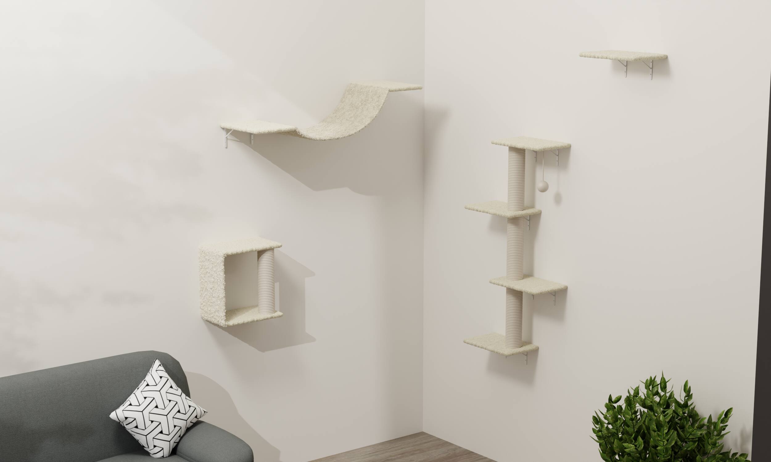 Front. Siljoy - 4-Piece Wall-Mounted Cat Shelves Set with Bridge, Steps, Sisal Tree & Scratcher - Space-Saving Cat Wall Gym.