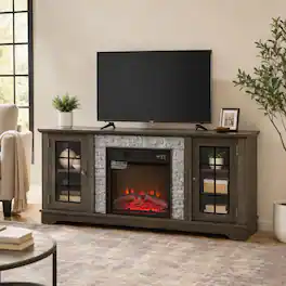 RYHNUYNE - 58" Wide Electric Fireplace TV Stand with Faux Stone Accent, 2-Door Media Console, Adjustable Shelves, Finish - Gray