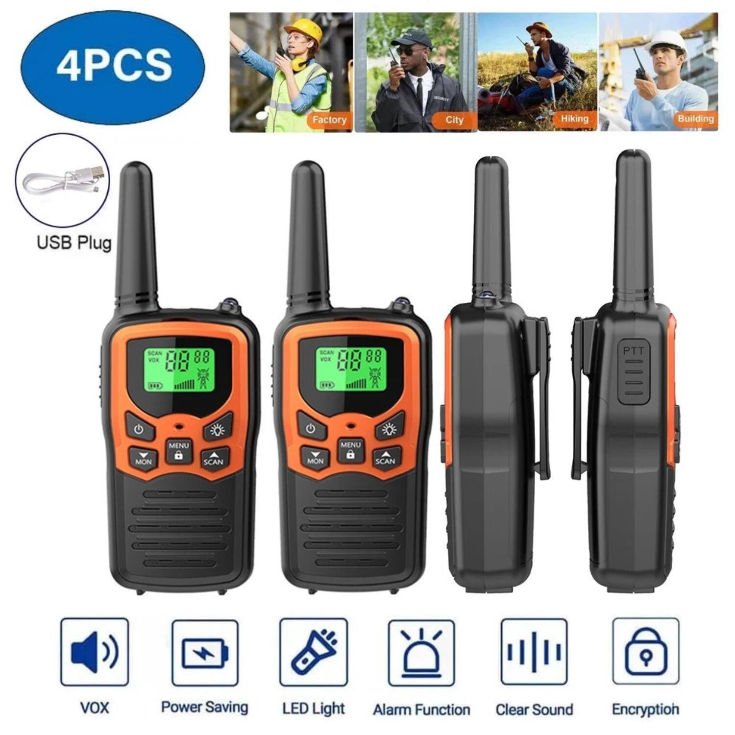 4PCS Factory City Hiking Building USB Plug SCAN 00 00 PUE 06 CI SEAN VOE DII 88 LO PTT K

- VOX
- Power Saving
- LED Light
- Alarm Function
- Clear Sound
- Encryption