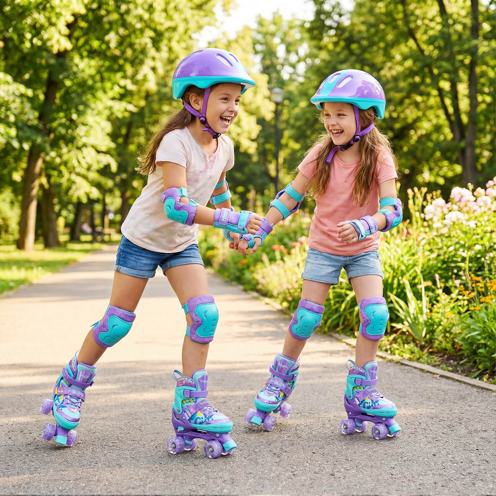 Alt View 1. Costway - Costway 4 Sizes Adjustable Quad Skates with Light-up Wheels&Safety Protection for Beginners 1-4 - Purple.