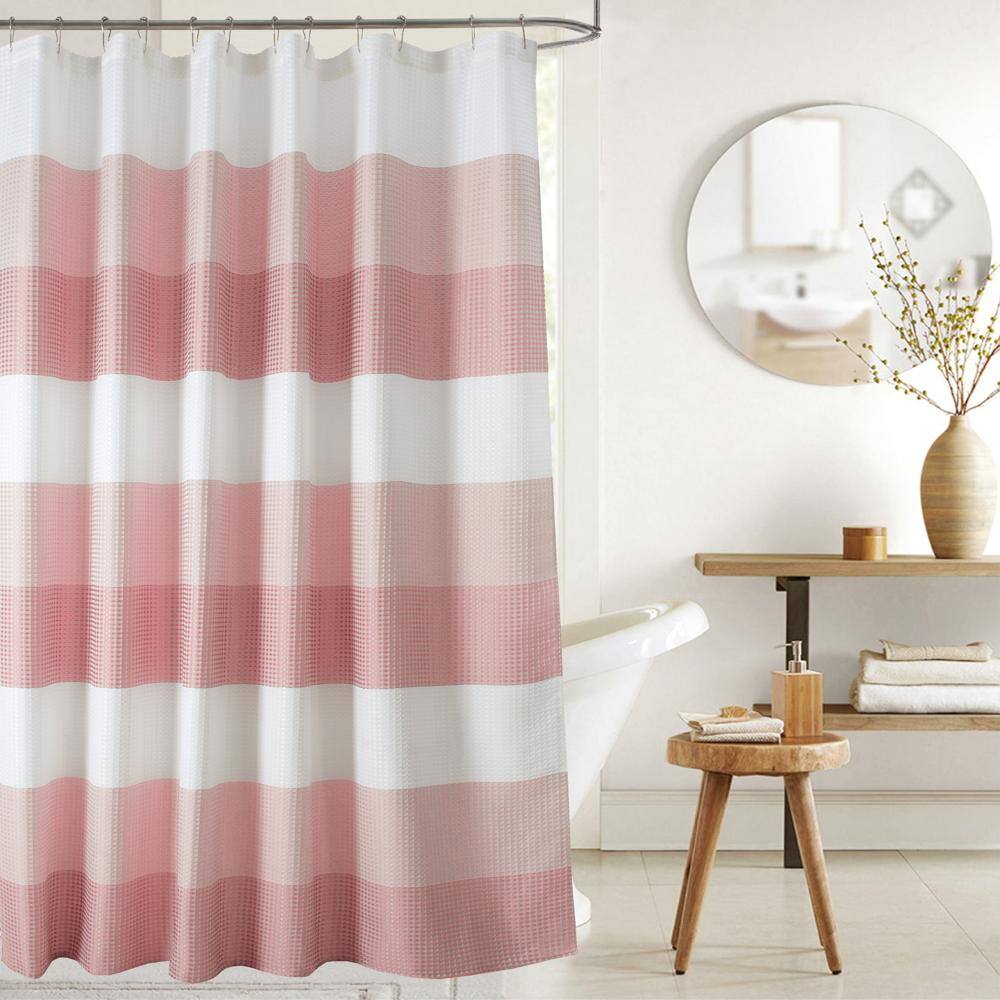 Angle. Olivia Gray - Olivia Gray Glamor Fade-resistant Striped Waffle Jacquard Shower Curtain with 1 Stitched Buttonholes 70" x 72" Red - Red.