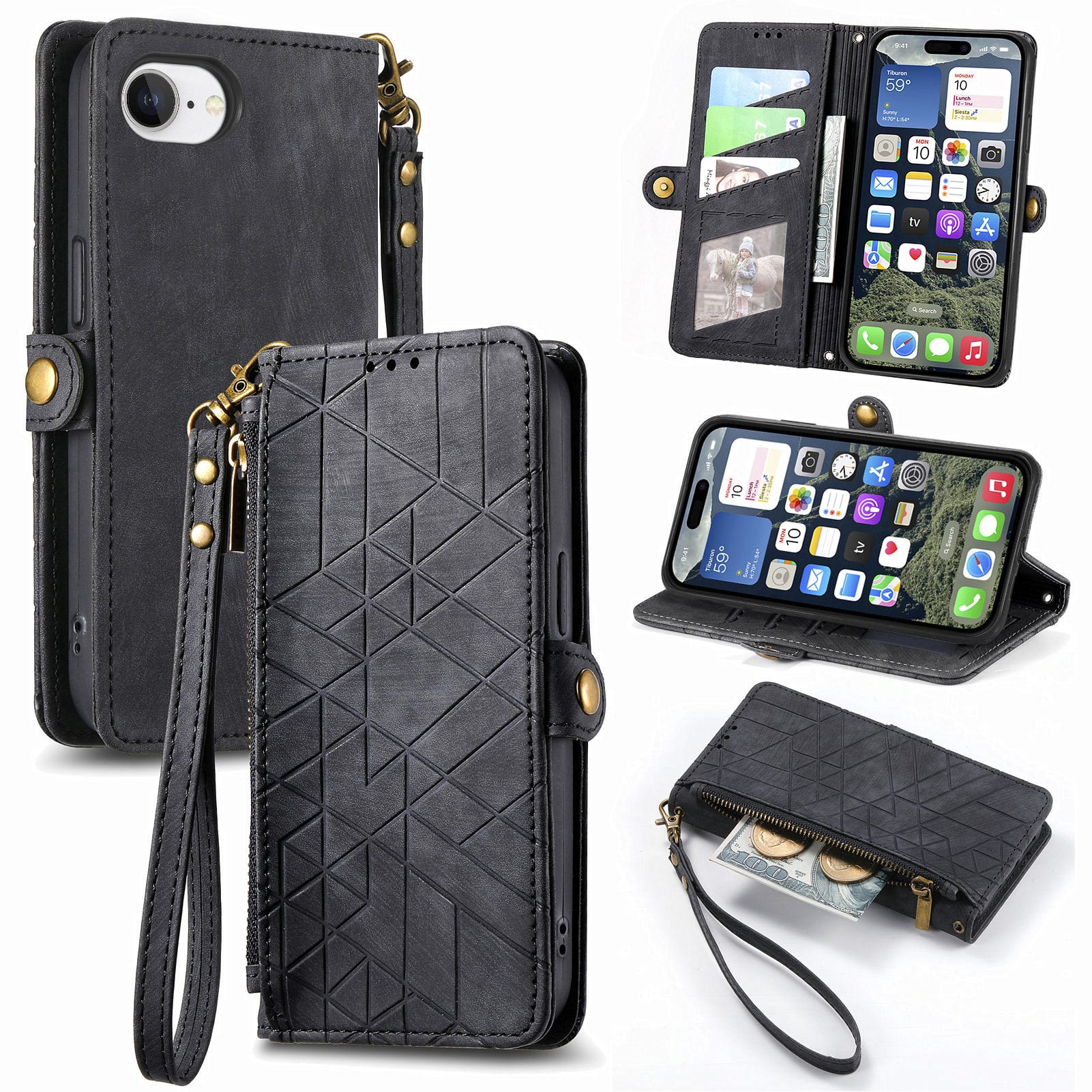 Dteck - Zipper Wallet Pocket Case for iPhone 17E/16E, Shockproof with Card Holders PU Leather Embossed Stand Wristlet - Black price history on PriceWatchPro