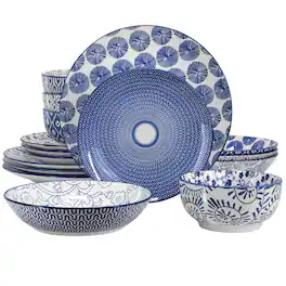 Elama - Aurora 16 Piece Assorted Porcelain Double Bowl Dinnerware Set - Blue