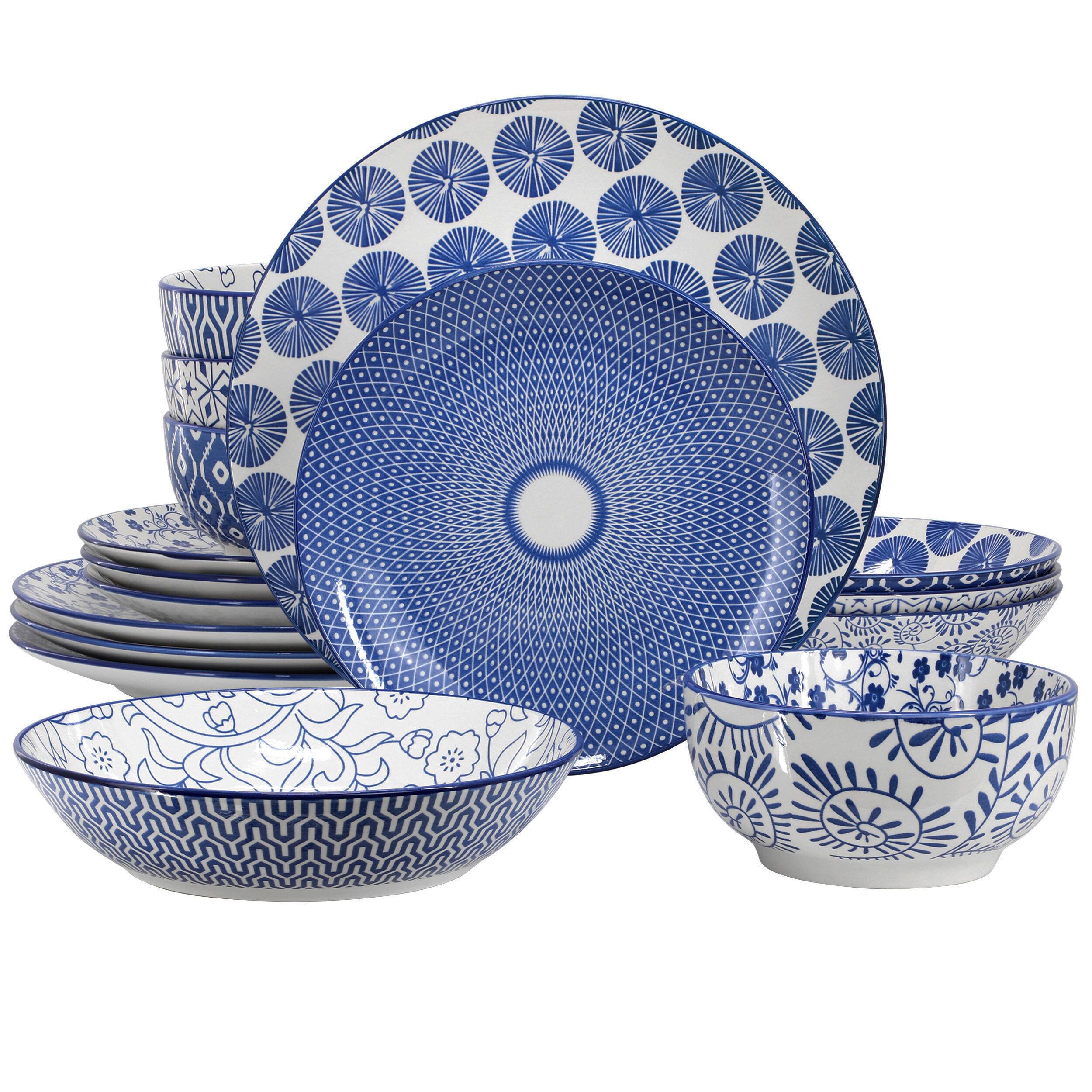 Elama - Aurora 16 Piece Assorted Porcelain Double Bowl Dinnerware Set - Blue