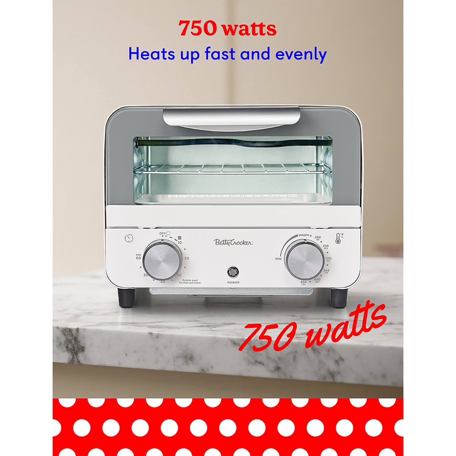 750 watts Heats up fast and evenly