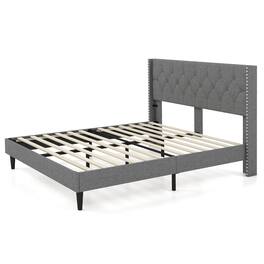 LUCKY ONE - Queen Assembled Upholstered Platform Bed with Button Tufted Wingback Headboard Nailhead Trim - Grey-Queen