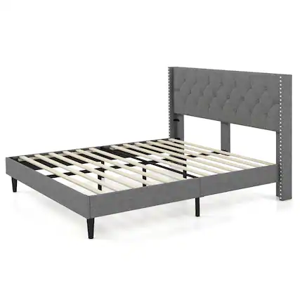 Front. LUCKY ONE - Queen Assembled Upholstered Platform Bed with Button Tufted Wingback Headboard Nailhead Trim - Grey-Queen.